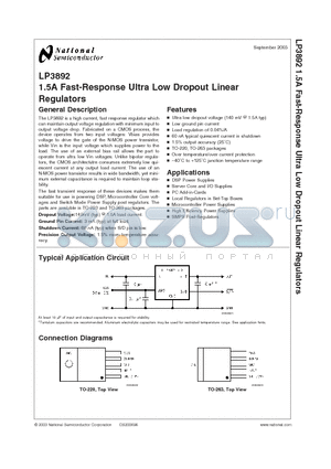 LP3892ET-1.2 datasheet - 1.5A Fast-Response Ultra Low Dropout Linear Regulators