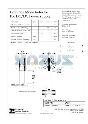 L-1028V datasheet - Common Mode Inductor For DC/DC Power supply