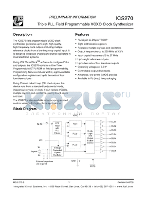 ICS270PGLF datasheet - Triple PLL Field Programmable VCXO Clock Synthesizer