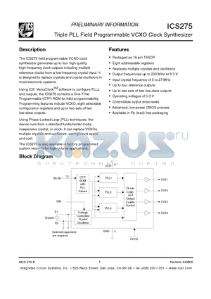 ICS275PGLF datasheet - Triple PLL Field Programmable VCXO Clock Synthesizer