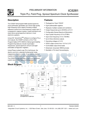 ICS281 datasheet - Triple PLL Field Prog. Spread Spectrum Clock Synthesizer