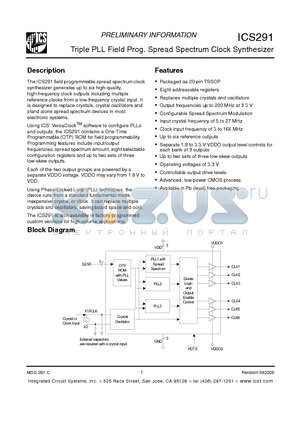 ICS291 datasheet - Triple PLL Field Prog. Spread Spectrum Clock Synthesizer