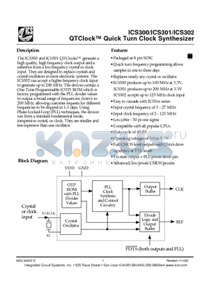 ICS300 datasheet - QTClock Quick Turn Clock Synthesizer