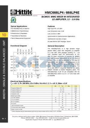 666LP4E datasheet - BiCMOS MMIC MIXER W/ INTEGRATED LO AMPLIFIER, 3.1 - 3.9 GHz