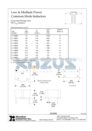 L-11604 datasheet - Low & Medium Power Common Mode Inductors