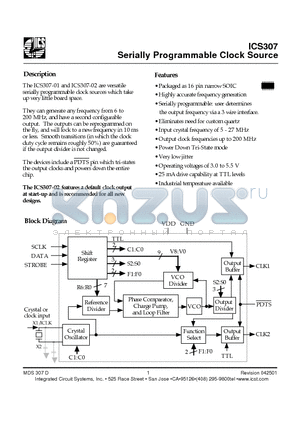 ICS307M-01T datasheet - Serially Programmable Clock Source