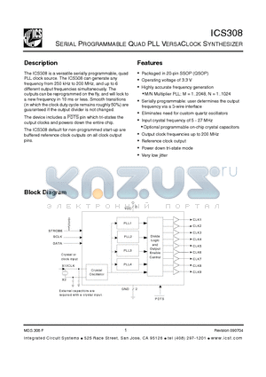 ICS308 datasheet - SERIAL PROGRAMMABLE QUAD PLL VERSACLOCK SYNTHESIZER