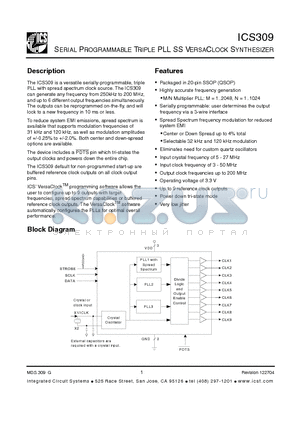 ICS309 datasheet - SERIAL PROGRAMMABLE TRIPLE PLL SS VERSACLOCK SYNTHESIZER