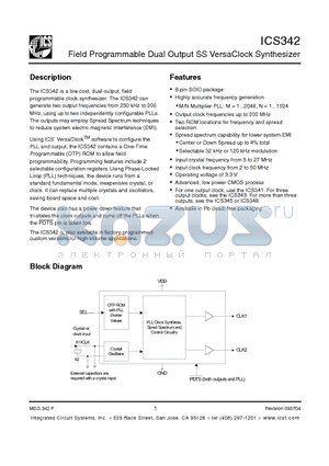 ICS342 datasheet - FIELD PROGRAMMABLE DUAL OUTPUT SS VERSACLOCK SYNTHESIZER