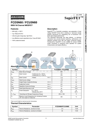 FCD5N60TM datasheet - 600V N-Channel MOSFET