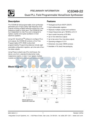 ICS348R-22LFT datasheet - Quad PLL Field Programmable VersaClock Synthesizer