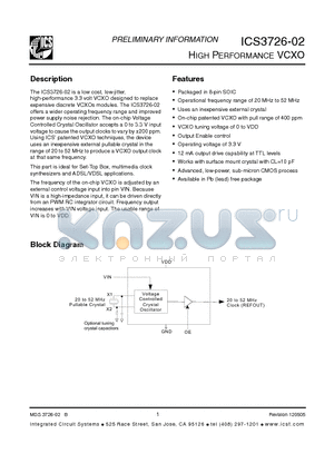 ICS3726-02 datasheet - HIGH PERFORMANCE VCXO