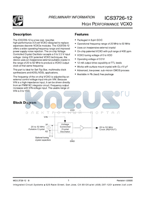 ICS3726M-12LF datasheet - HIGH PERFORMANCE VCXO