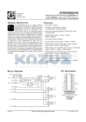 ICS43004AI04L datasheet - FEMTOCLOCKS-TM CRYSTAL/LVCMOS-TO- 3.3V LVPECL FREQUENCY SYNTHESIZER