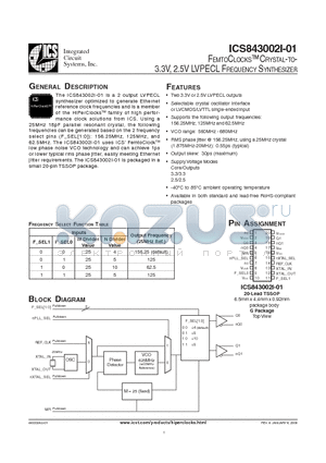 ICS43002AI01 datasheet - FEMTOCLOCKS-TM CRYSTAL-TO- 3.3V, 2.5V LVPECL FREQUENCY SYNTHESIZER