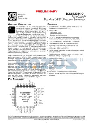 ICS43034A01L datasheet - FEMTOCLOCKS MULTI-RATE LVPECL FREQUENCY SYNTHESIZER