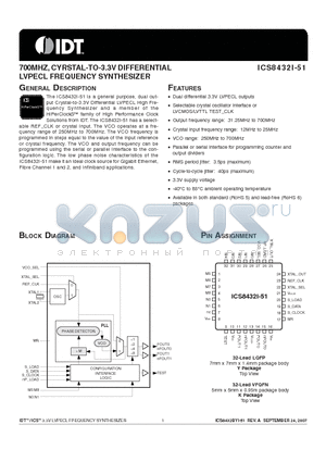 ICS432BI51L datasheet - 700MHZ, CYRSTAL-TO-3.3V DIFFERENTIAL LVPECL FREQUENCY SYNTHESIZER