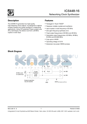 ICS448-16 datasheet - Networking Clock Synthesizer