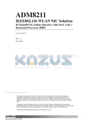 ADM8211 datasheet - IEEE802.11b WLAN NIC Solution