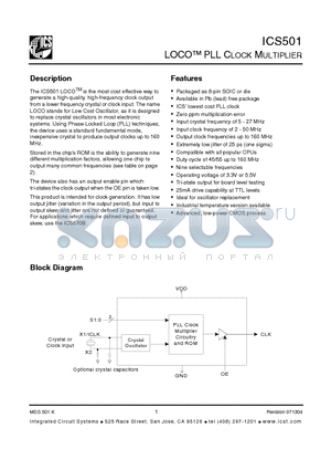 ICS501 datasheet - LOCO PLL CLOCK MULTIPLIER