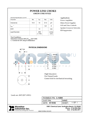 L-12204 datasheet - POWER LINE CHOKE