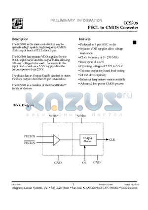 ICS508MI datasheet - PECL to CMOS Converter