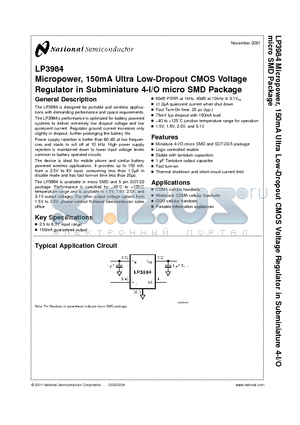 LP3984IBPX-1.8 datasheet - Micropower, 150mA Ultra Low-Dropout CMOS Voltage Regulator in Subminiature 4-I/O micro SMD Package