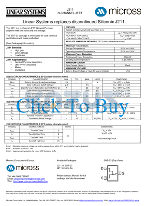 J211_SOT-23 datasheet - N-CHANNEL JFET