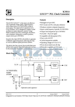 ICS513MT datasheet - LOCO PLL Clock Generator