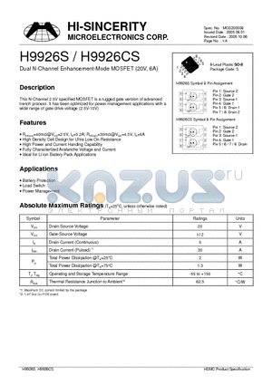 H9926S datasheet - Dual N-Channel Enhancement-Mode MOSFET (20V, 6A)