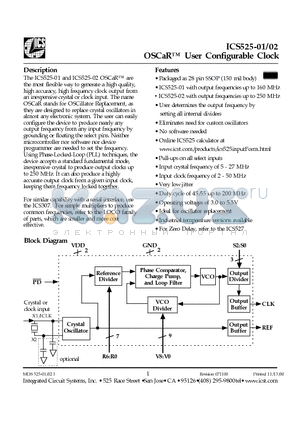 ICS525-01 datasheet - OSCaR User Configurable Clock