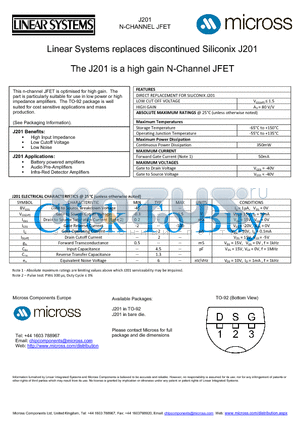 J201_TO-92 datasheet - a high gain N-Channel JFET