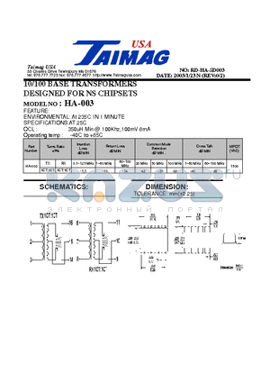 HA-003 datasheet - 10/100 BASE TRANSFORMERS DESIGNED FOR NS CHIPSETS