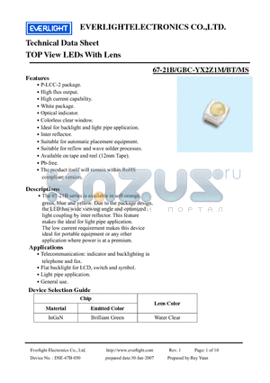 67-21B-GBC-YX2Z1M-BT-MS datasheet - TOP View LEDs With Lens