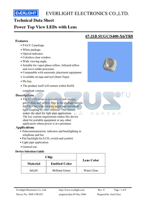 67-21B-SUGC-S400-X6-TR8 datasheet - Power Top View LEDs with Lens