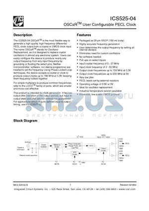 ICS525R-04 datasheet - OSCaR-TM User Configurable PECL Clock