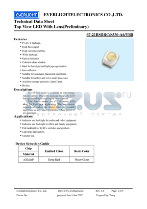 67-21BSDRC-S530-A6-TR8 datasheet - Top View LED With Lens(Preliminary)