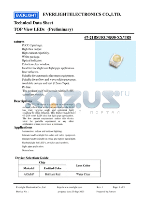 67-21BSURC-S530-XX-TR8 datasheet - TOP View LEDs (Preliminary)