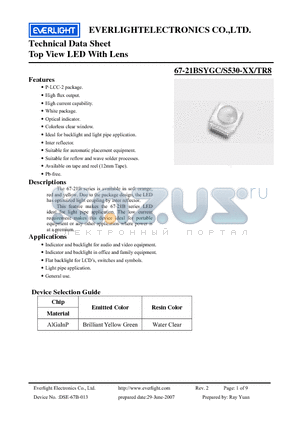 67-21BSYGC-S530-E5-TR8 datasheet - Top View LED With Lens