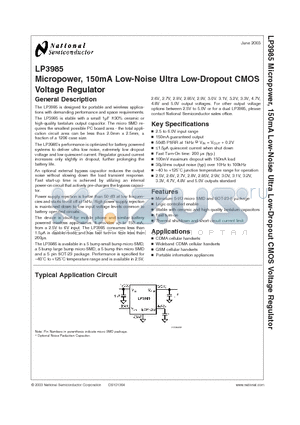 LP3985ITL-285 datasheet - Micropower, 150mA Low-Noise Ultra Low-Dropout CMOS Voltage Regulator