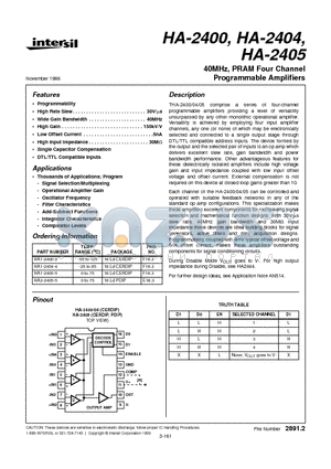 HA-2400 datasheet - 40MHz, PRAM Four Channel Programmable Amplifiers