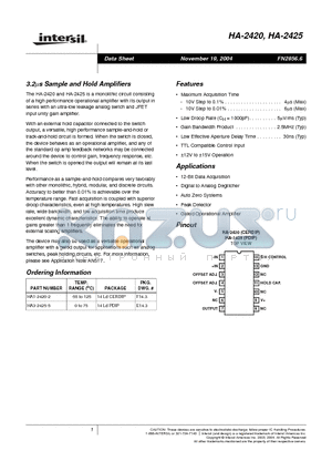 HA-2420 datasheet - 3.2 us Sample and Hold Amplifiers