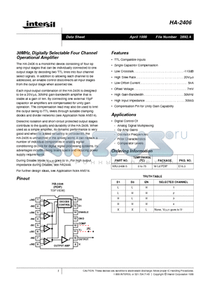 HA-2406 datasheet - 30MHz, Digitally Selectable Four Channel Operational Amplifier