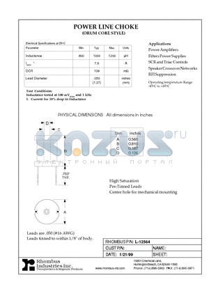 L-12564 datasheet - POWER LINE CHOKE