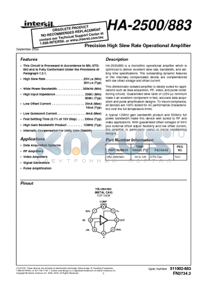 HA-2500883 datasheet - Precision High Slew Rate Operational Amplifier
