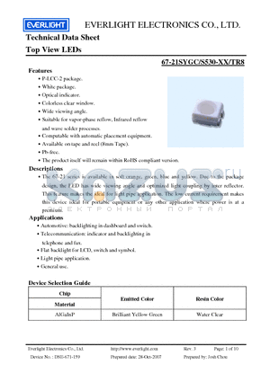 67-21SYGC/S530-XX/TR8 datasheet - Top View LEDs