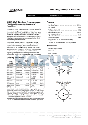 HA-2520 datasheet - 20MHz, High Slew Rate, Uncompensated, High Input Impedance, Operational Amplifiers