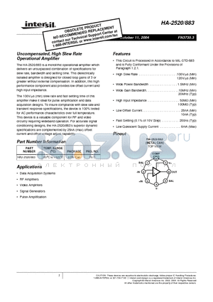 HA-2520/883 datasheet - Uncompensated, High Slew Rate Operational Amplifier