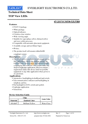 67-21UYC-S530-XX-TR8 datasheet - TOP View LEDs