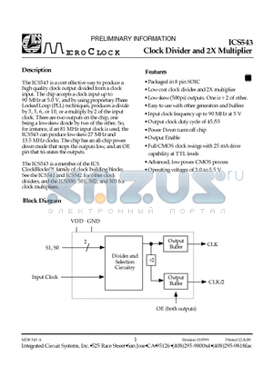 ICS543M datasheet - PRELIMINARY INFORMATION Clock Divider and 2X Multiplier